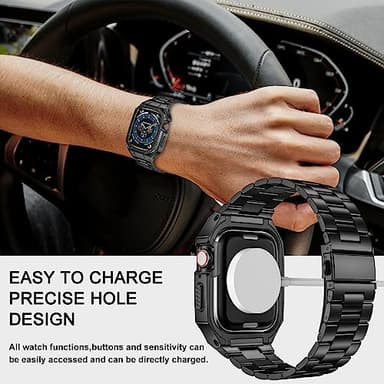 BAITEYOU Stainless Steel Watch Band with Case Compatible with Apple Watch Series 9 8 7 45mm, Rugged Strap with Metal Protective Bumper Cover for iWatch Bands Men (Black) - Image 6