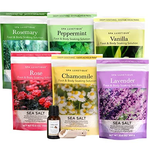 spa luxetique Bath Salts Gift Set 6-Pack, Foot and Body Sea Salts for Soaking, Wooden Scooper, 0.5oz Argan Oil, Bath Salts for Women Relaxing, Mother's Day Gifts for Mom - Image 1