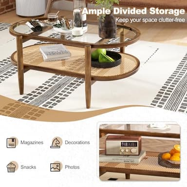 Giantex Rattan Coffee Table, 2-Tier Oval Acacia Wood Tea Table w/Tempered Glass Tabletop & PE Rattan Storage Shelf, Boho Cocktail Tables, Mid Century Modern Center Table for Living Room Office, Brown - Image 5