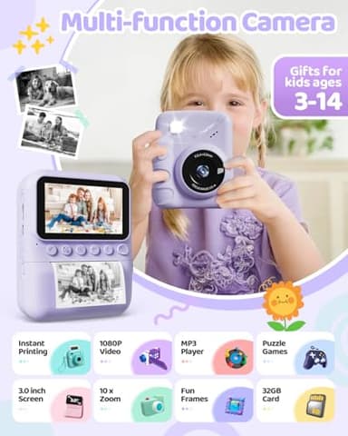 TIATUA Kids Camera Instant Print for Girls Ages 3-14, 3-inch HD Screen Camera for Kids with Printing Paper, 1080P Digital Toddler Toys for 4 5 6 7 8 9 10 11 12 Years Old (Purple) - Image 2