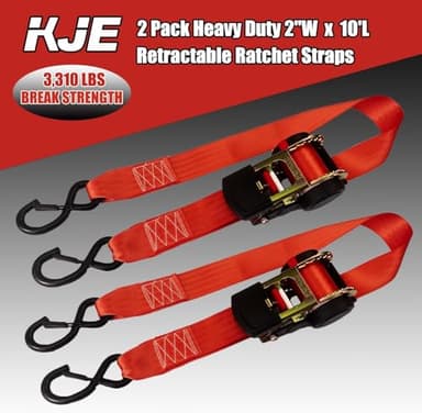 KJE Retractable Ratchet Tie Down Straps (2Pack), 2" x 10' Heavy Duty - 3,310lb Max Break Strength, Upgrade S-Hook with Clip, Self Retracting Ratchet Strap for Motorcycle, Kayak, ATVs, Boats - Image 3