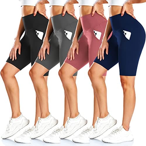 FULLSOFT 4 Pack Biker Shorts for Women – 8" High Waist Tummy Control Workout Yoga Running Compression Exercise Shorts with Pockets(4 Pack Black/Navy Blue/Grey/Pink,Large-X-Large) - Image 1