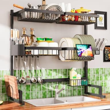 ilvvan Over The Sink Dish Drying Rack 27-40L x 12W x 32.5-37H (inches) (Expandable Height and Length) Snap-On Design 2 Tier Large Dish Rack - Image 1
