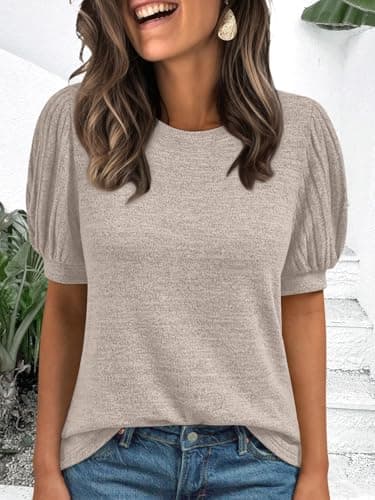 AUTOMET Womens Tops Summer Sweater Long Tunic Dressy Casual Blouses Business Cute Trendy Short Sleeve Shirt 2025 Khaki XL - Image 6