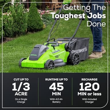 Greenworks 40V 16" Brushless Cordless (Push) Lawn Mower (75+ Compatible Tools), 4.0Ah Battery and Charger Included - Image 3