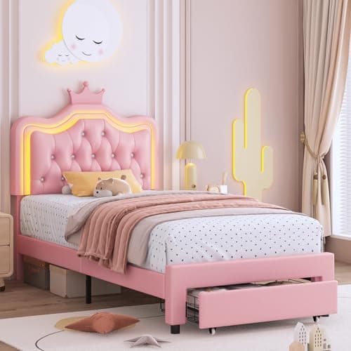 Keyluv Twin Upholstered LED Bed Frame with Storage Drawer, Leather Princess Platform Bed with Adjustable Crystal Button Tufted Crown Headboard, Solid Wooden Slats Support, No Box Spring Needed, Pink - Image 1