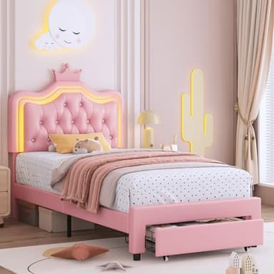 Keyluv Twin Upholstered LED Bed Frame with Storage Drawer, Leather Princess Platform Bed with Adjustable Crystal Button Tufted Crown Headboard, Solid Wooden Slats Support, No Box Spring Needed, Pink - Image 1