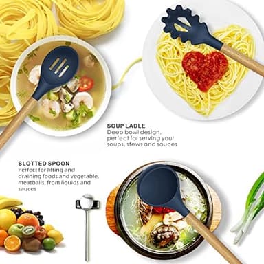 Silicone Cooking Utensils Set - 446°F Heat Resistant Silicone Kitchen Utensils for Cooking,Kitchen Utensil Spatula Set w Wooden Handles and Holder, BPA FREE Gadgets for Non-Stick Cookware (Navy Blue - Image 4