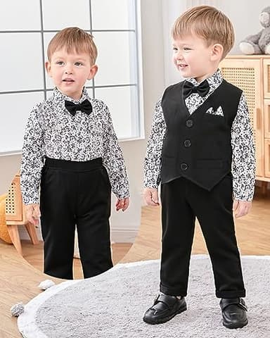 YALLET Baby Boy Clothes Suit 0-24 Months Infant Gentleman Outfits Formal Dress Shirt+Bowtie+Vest+Pants Set Baby Wedding Suits Black - Image 3