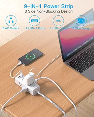 Short Extension Cord 3Ft, Flat Plug Power Strip Surge Protector - 6 Widely Outlets with 3 USB Ports (1 USB C), Wall Mount Small Power Strip for Travel Home Office College Dorm - Image 3