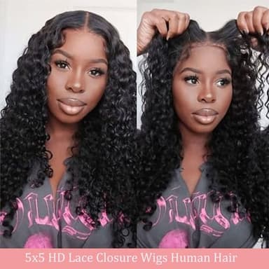 Bugtum Glueless Wigs Human Hair Pre Plucked Pre Cut 5x5 Hd Lace Closure Wear and Go Deep Wave Curly Lace Front Wigs for Black Women Wet and Wavy Natural Hairline (22 Inch) - Image 2