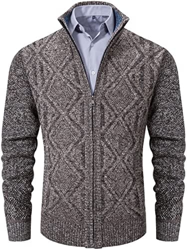 VtuAOL Men's Casual Stand Collar Full Zip Sweaters Thick Knitted Cardigan Winter Coat Coffee US L - Image 1
