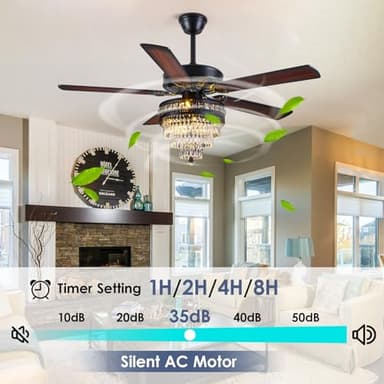 Crystal Ceiling Fan Fandelier with Lights - Modern Outdoor Fans with Remote Control，Noiseless AC Motor, Retro/Farmhouse Lighting, Dining Room， Living Room (52" - Image 7