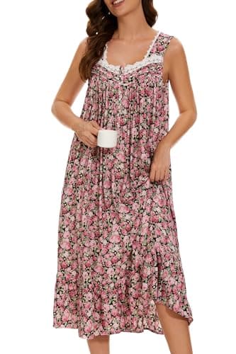 AVIIER Cotton Nightgowns for Women Sleeveless House Dress Ladies Long Nightdress with Pockets (Black Rose, Large)… - Image 3