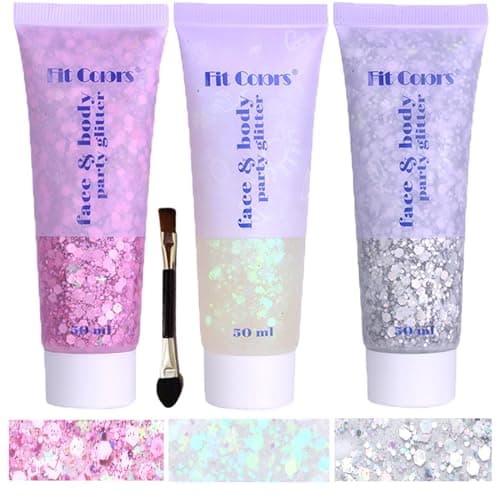 Body Glitter Face Glitter Gel: Singer Concerts Disco Festival Rave Accessories Face Glitter Makeup 150ml Chunky Sequins Mermaid Face Body Hair Glitter Gel (White&Silver&Pink) - Image 1