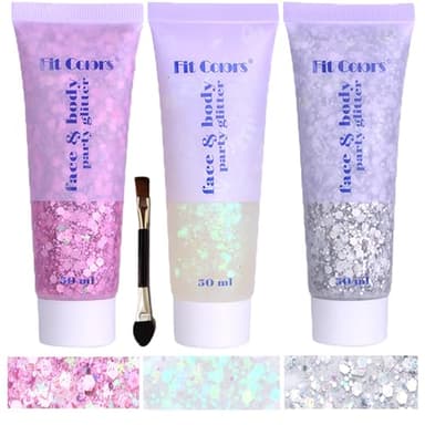 Body Glitter Face Glitter Gel: Singer Concerts Disco Festival Rave Accessories Face Glitter Makeup 150ml Chunky Sequins Mermaid Face Body Hair Glitter Gel (White&Silver&Pink) - Image 1