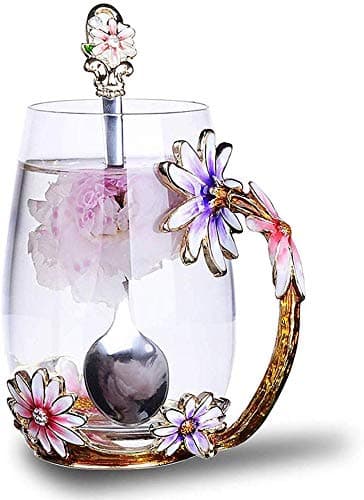 Luka Tech Enamel flower Lead-free Glass Coffee Mugs Tea Cup with Steel Spoon, Best Birthday Gifts For Women Wife Mom Friends Mothers Valentines Day Christmas - Image 1