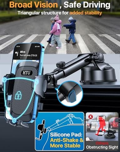 HTU [True Military-Grade] 2025 Upgraded Car Phone Holder 【Safety Certs & No Smell】 Cell Phone Holder for Car Mount for Dashboard Windshield Air Vent Long Arm Thick Case,Black - Image 6