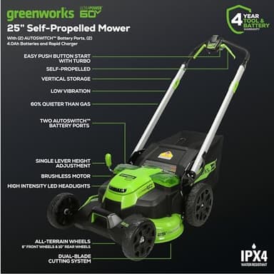 Greenworks 60V 25” Cordless (Self-Propelled) Lawn Mower (LED Lights + Aluminum Handles), 2 x 4.0Ah Batteries and Dual Port Rapid Charger - Image 2