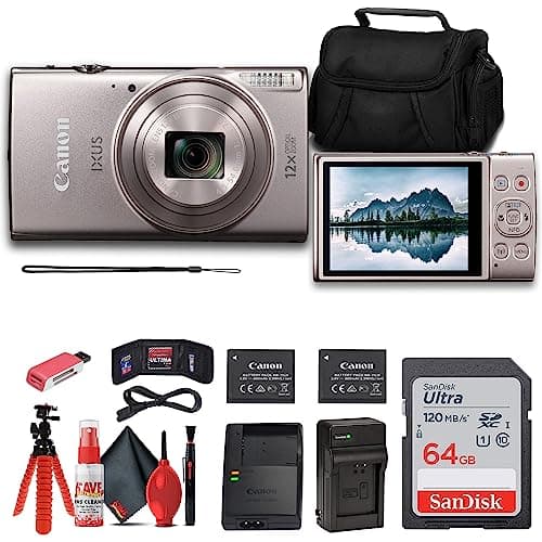 Canon PowerShot IXUS 285 HS 12X Optical Zoom Digital Camera (Silver) + NB11L + 64GB Memory Card + Case + Charger + Card Reader + Flex Tripod + Cleaning Kit + Memory Wallet (Renewed) - Image 1