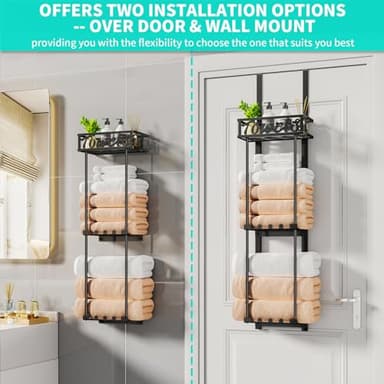 HapiRm Towel Rack Bathroom Storage - 3 Tier Over The Door & Wall Mounted Rolled Towel Racks Holder Organizer with Metal Shelf and 6 Hooks for Small Bathroom, Camper, Rv - Black - Image 2