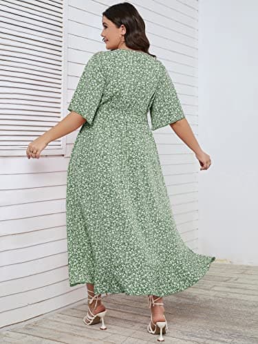 SCOMCHIC Women's Plus Size Long Dresses Short Sleeve High Low Split Flowy Beach Maxi Dress Green 3XL - Image 3