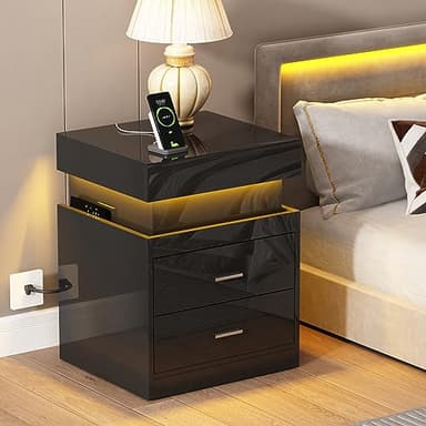 ChooChoo LED Nightstand Set of 2,Smart Night Standwith Charging Station and Sliding Top Storage, Black - Image 4