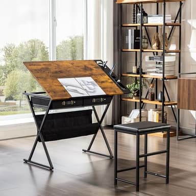 VECELO Drafting Table Art Desk Art Table Adjustable Drawing Table Tilted Tabletop with 2 Storage Drawers and Stool, Drawing Desk for Artist Painters Drawing, Crafting, Reading, Writing, Rustic Brown - Image 2