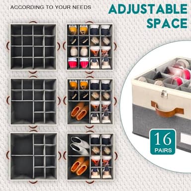 RONCHIL Shoe Organizer for Closet, Foldable Shoe Storage Bins with Clear Cover, Space Saving Shoes Holder with 4 Handles, Large Adjustable Shoe Box Storage Containers, Fits 8-16 Pairs, 2 Pack, Beige - Image 4