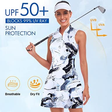 Tennis Dress for Women Sleeveless Golf Dresses with Built in Shorts, Pockets Stand Collar Zip Up Quick Dry for Athletic Sports Marble Print Grey-Small - Image 2
