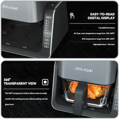 Astralship 2-in-1 Glass Air Fryer & Grill Combo, 4.2 QT + 1.3 QT Capacity, 7 Digital Presets, Small, Non-Toxic See-Through Glass Bowl, Low-Oil Healthy Cooking, Easy to Clean, Multi-Function Design - Image 6