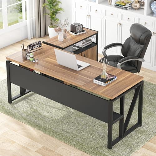 Tribesigns 63" L Shaped Desk with Drawer Cabinet, Executive Computer Desk and lateral File Cabinet, 2 Piece Home Office Furniture with Drawers for Hanging File, Doors with Locks (Brown, 63 inches) - Image 1