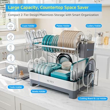 SUNLY Large Dish Drying Rack, Multipurpose 2 Tier Dish Racks for Kitchen Counter, 304 Stainless, Extra Large Drain Board - Image 3