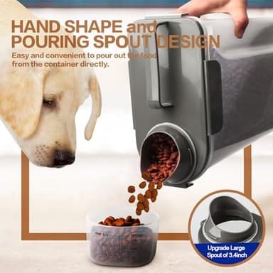 TIOVERY Dog Food Storage Container, 5-7 Lbs Airtight Pet Food Container, Cat Food Container Dispenser Plastic Bin with Pouring Spout, Portable Handle and a Collapsible bowl for Dogs Cats Grey/6Qt - Image 2