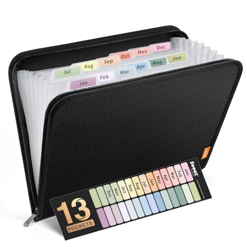 Sooez 13 Pocket Accordion File Organizer, Zipper Expanding File Folder Organizer, Reinforced Plastic Accordion Folder, A4 Letter Size, Portable Folders for Documents, Black - Image 1