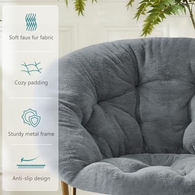 DUMOS Comfy Saucer Chairs Cozy Faux Fur Soft Lounge Cute Folding Bedroom Living Room Seat Flexible Reading Foldable Seating for Kids Adults Thick Padded Metal Frame Modern for Home Office Classic Gray - Image 6
