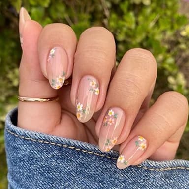 OHWODA Pink Spring Press on Nails Almond Shape Fake Nails with Small Flower Designs Daisy Floral Artificial Nails Medium Length Spring Summer Glue on Nails Flowers Stick on Nails for Women, 24Pcs - Image 1