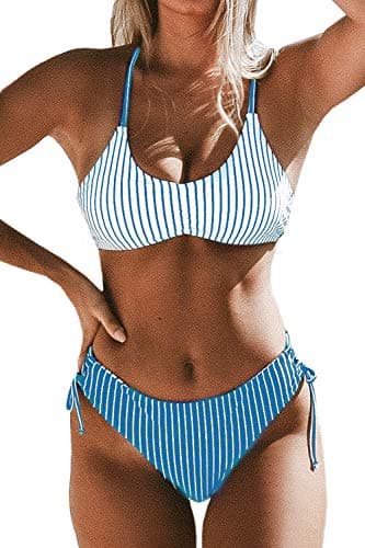 CUPSHE Women's Back Braided Straps Reversible Bottom Strappy Lace Up Bikini Sets, M Blue Stripe - Image 1
