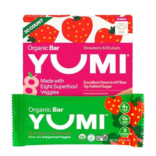 Yumi Organic Toddler Snacks Bars - Gluten-Free, No Added Sugar, 7+ Vegetables, Soft-Baked Crust, Yumi Bars Healthy Toddler Organic Snacks - School Safe and for Lunch Boxes, Strawberry & Rhubarb (30ct.) - Image 1