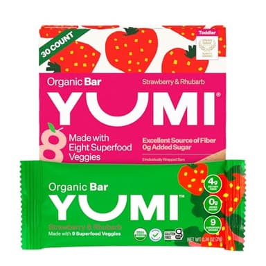 Yumi Organic Toddler Snacks Bars - Gluten-Free, No Added Sugar, 7+ Vegetables, Soft-Baked Crust, Yumi Bars Healthy Toddler Organic Snacks - School Safe and for Lunch Boxes, Strawberry & Rhubarb (30ct.) - Image 1