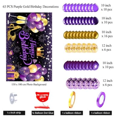 YinQin 63 PCS Purple Gold Happy Birthday Party Balloons Set with Photo Backgrounds Backdrops Banner Cloth Confetti Balloon Purple Golden Happy Birthday Party Supplies Decorations for Girl Women - Image 6