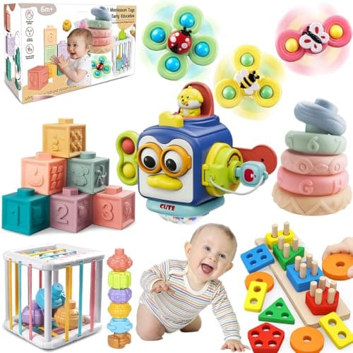 ELLECK Baby Toys 6-12 Months, Montessori Toys for Toddlers 1-3 Year Old, Busy Cube Teether Infants Bath 6 in 1 Stacking Blocks Rings, Suction Cup Spinner, Shape Bin Sensory (0035) - Image 1