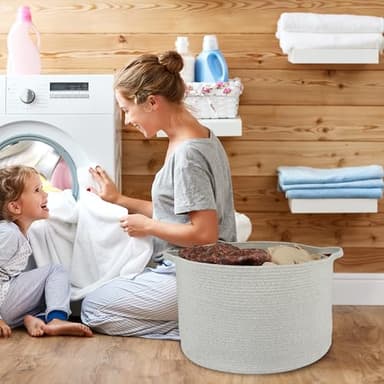 XUANGUO Large Cotton Rope Basket – 22"x14" Woven Storage Baskets for Blankets, Toys, Laundry, and Nursery – Round Basket for Living Room, Kids, and Pets Grey - Image 5