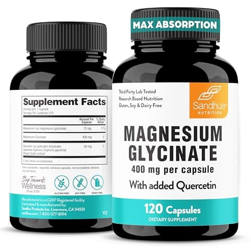 Sandhu's Magnesium Glycinate 400mg Capsules with Quercetin | Quality Sleep, Relaxation, Muscle Health & Immune Support | 120 Count (Pack of 1) | Easy to Swallow | for Women and Men - Image 1