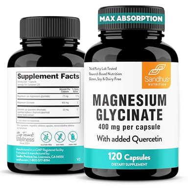 Sandhu's Magnesium Glycinate 400mg Capsules with Quercetin | Quality Sleep, Relaxation, Muscle Health & Immune Support | 120 Count (Pack of 1) | Easy to Swallow | for Women and Men - Image 1