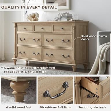 T4TREAM Farmhouse 7 Drawers Dresser Chests for Bedroom with 4 Solid Wood Feet, Tall Wide Wood Country Rustic Chest of Drawers, Storage Dressers for Bedroom, Living Room,Natural Oak - Image 3