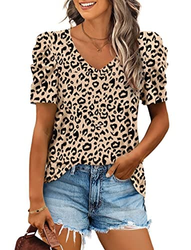 Oversized T Shirts for Women Leopard Print Tops V Neck Short Sleeve Shirts Loose Fit L - Image 1