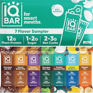IQBAR Brain and Body Plant Protein Bars - 7 Bar Sampler Pack - Gluten Free, High Fiber, Vegan Snacks - Low Sugar Meal Replacement - Image 1