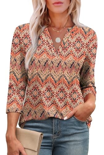 OFEEFAN Summer Tops for Women 2025 Loose Fit Dressy V Neck 3/4 Sleeve Shirts Spring Blouse Printed C XL - Image 1