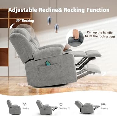 Ketaiyou Rocker Swivel Recliner Chair for Adults, Overstuffed Large Manual Recliner Glider with Massage and Heat, Comfy Soft Fabric Living Room Reclining Sofa Chair(Lime Gray) - Image 7